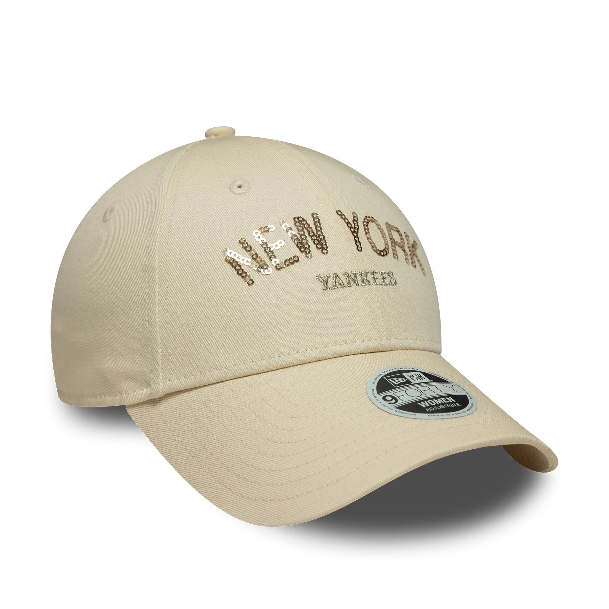 Pictured is this Womens MLB Sequin Wordmark New York Yankees 9FORTY in light beige. 3