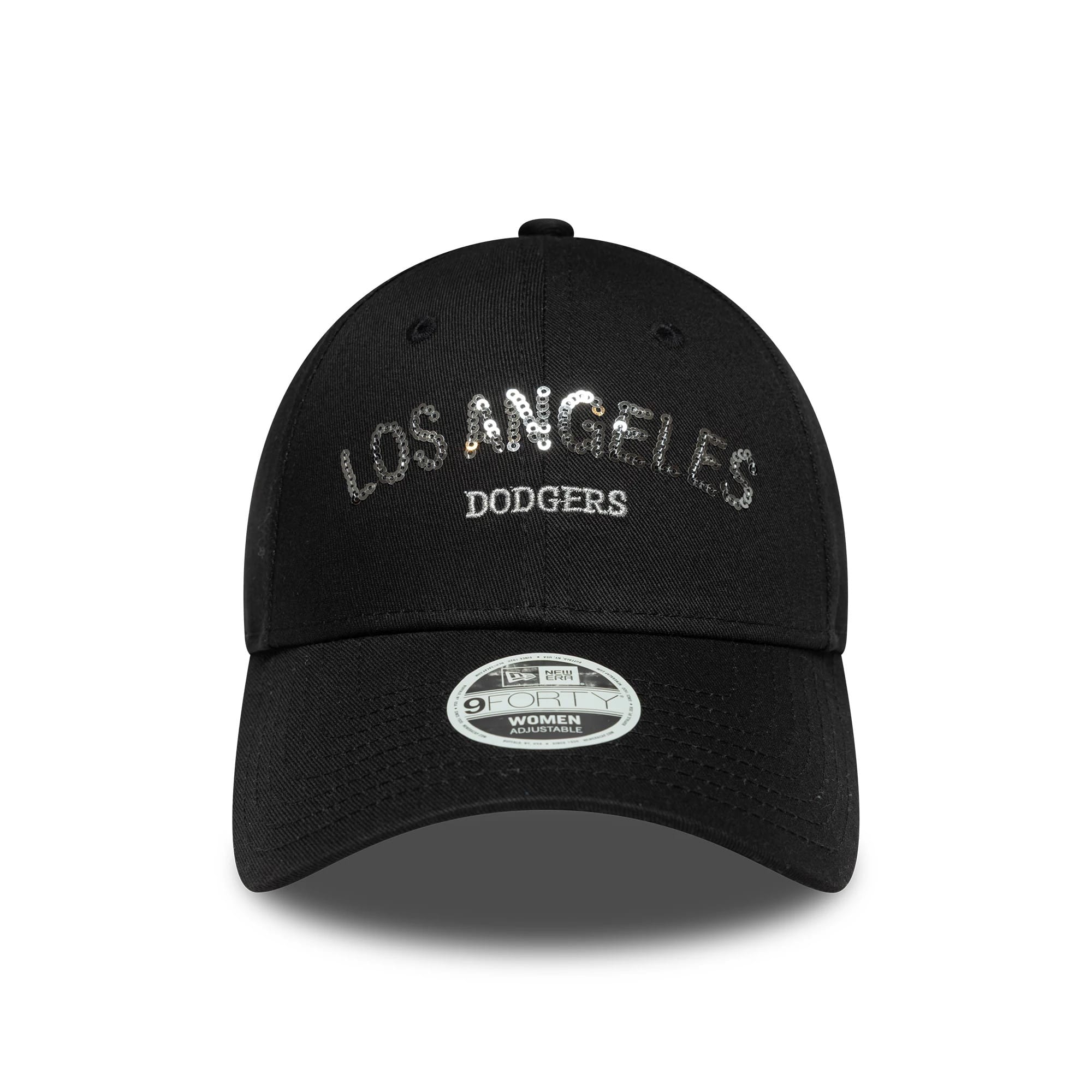 Pictured is this Womens MLB Sequin Wordmark LA Dodgers 9FORTY in black. 2