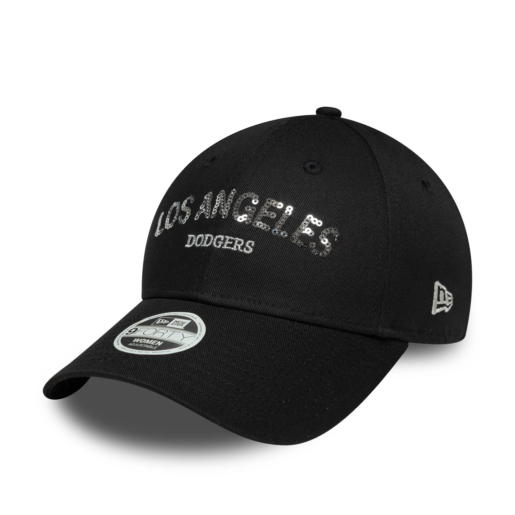 Pictured is this Womens MLB Sequin Wordmark LA Dodgers 9FORTY in black. 1