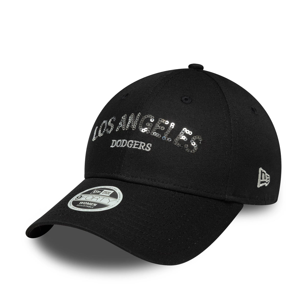 LA Dodgers Womens MLB Sequin Wordmark Black New Era 9FORTY Cap, three-quarter view showing silver sequin Los Angeles lettering on the front panel, black curved visor with 9FORTY size sticker and New Era flag logo on the left side.