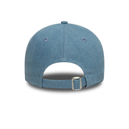 New York Yankees Womens MLB Denim Stitch Pastel Blue New Era 9TWENTY Cap, rear view showing the adjustable strap with buckle at the back, enhanced by embroidered eyelets on the relaxed denim-finish crown.