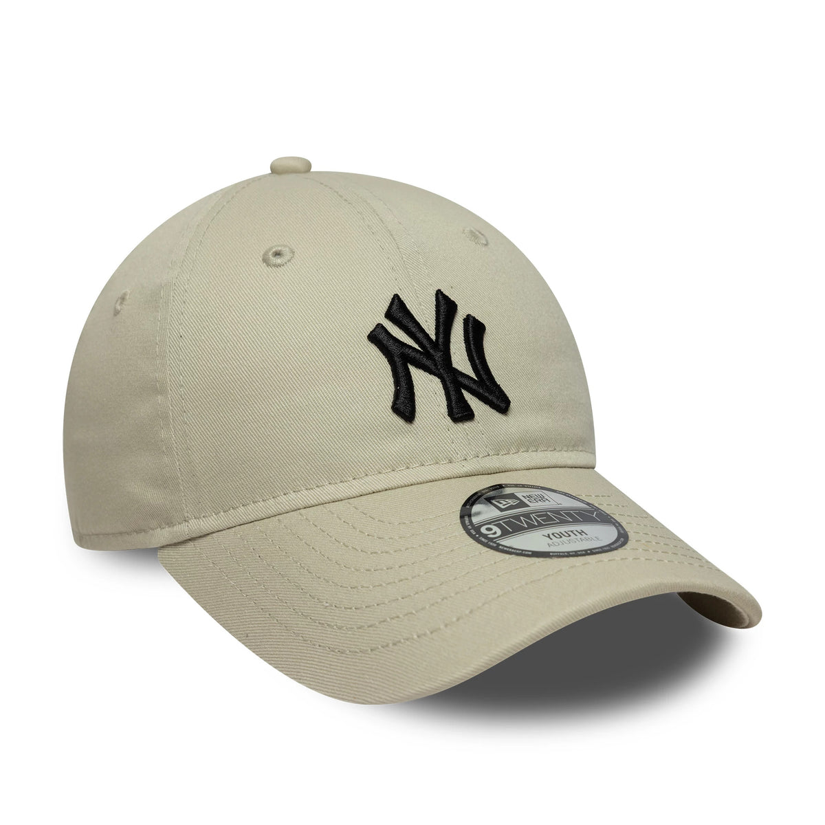 New York Yankees Youth MLB Light Beige New Era 9TWENTY Cap, three-quarter view showing the black raised embroidered NY logo on the front panel, with a curved light beige visor and 9TWENTY size sticker on top.