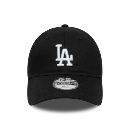 LA Dodgers Youth MLB League Essential Black New Era 9TWENTY Cap, front view showing the raised white LA logo embroidery on the black front panel, with a 9TWENTY Youth size sticker on the curved black visor.