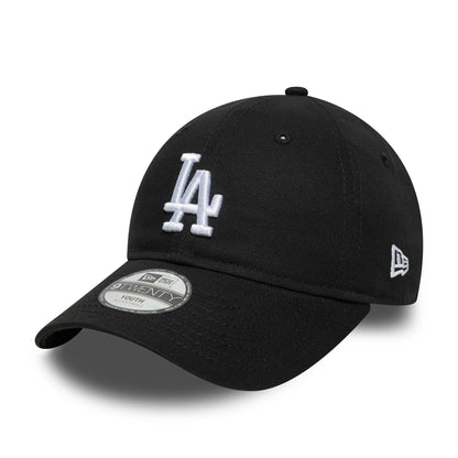 LA Dodgers Youth MLB League Essential Black New Era 9TWENTY Cap, three-quarter view showing the white embroidered LA logo on the front panel, a curved black visor with a 9TWENTY size sticker, and the New Era flag logo on the left side.