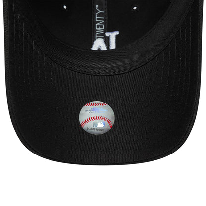 LA Dodgers Youth MLB League Essential Black New Era 9TWENTY Cap, inside view showing black taping with white text, a black sweatband, and an MLB holographic authenticity sticker on the black undervisor.