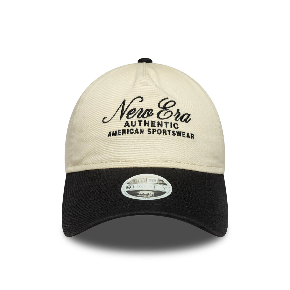 Womens New Era Black 9TWENTY A-Frame Cap, front view showing black New Era Authentic American Sportswear lettering embroidered on the cream crown, with a black curved visor and a 9TWENTY size sticker.