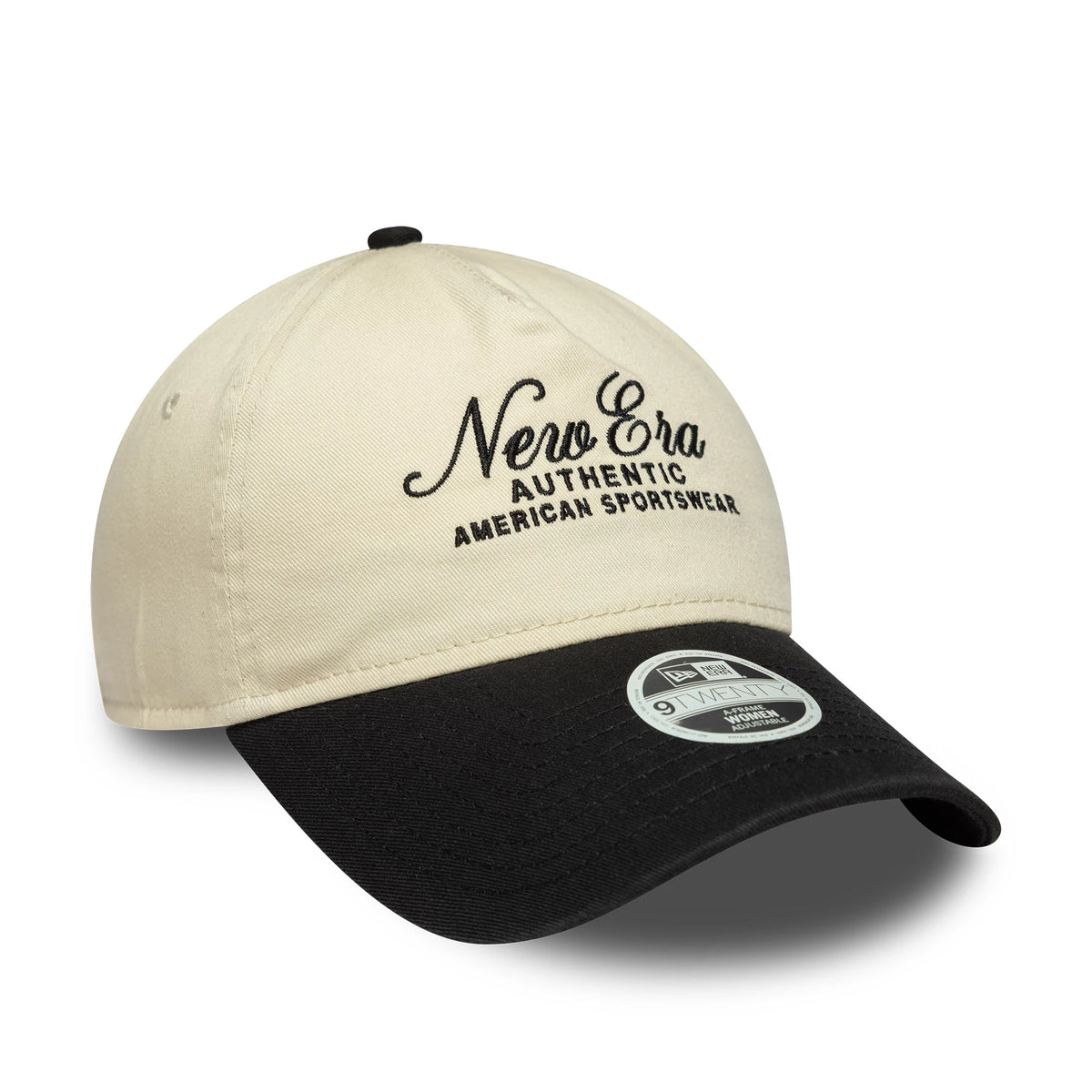 Womens New Era Black 9TWENTY A-Frame Cap, front view showing black embroidered New Era Authentic American Sportswear text on the cream crown, with black curved visor and a 9TWENTY size sticker.