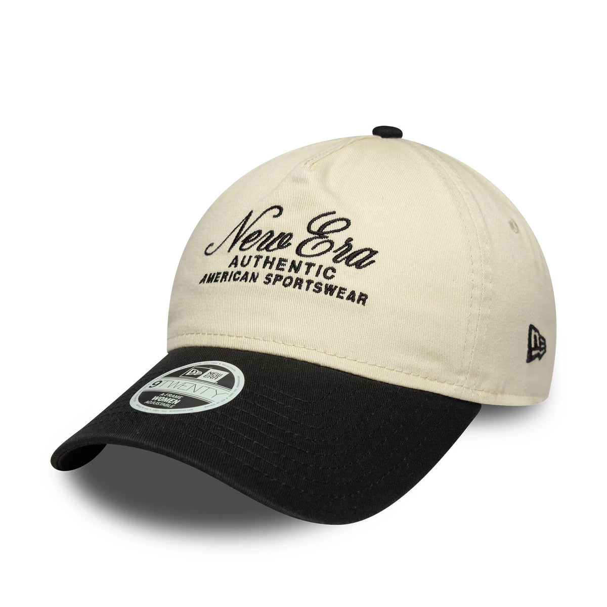Womens New Era Black 9TWENTY A-Frame Cap, three-quarter view showing black embroidered New Era Authentic American Sportswear text on the front panel, a curved black visor with a 9TWENTY size sticker, and a New Era flag logo on the left side.