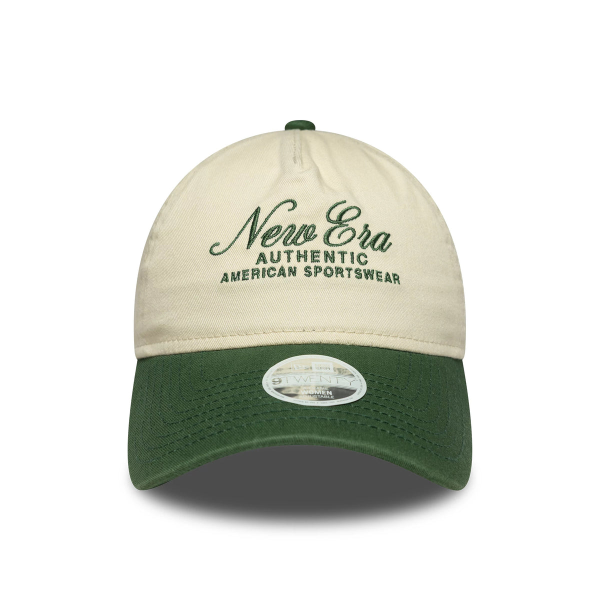 Womens New Era Cream 9TWENTY A-Frame Cap, front view showing green embroidered New Era Authentic American Sportswear text on the cream front panel, with a green curved visor and a 9TWENTY size sticker.