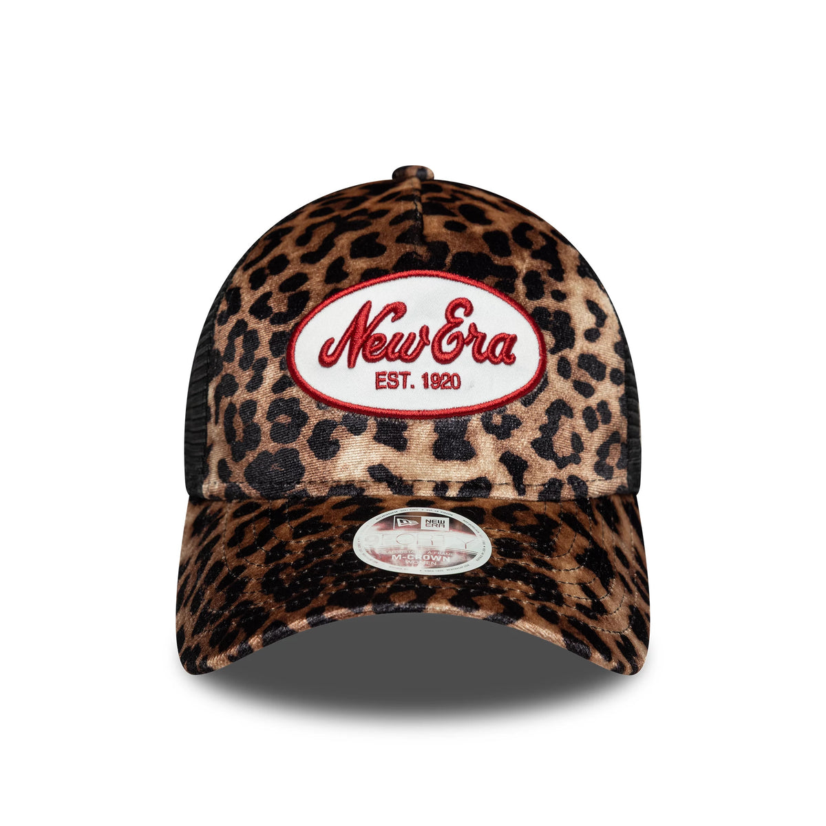 Womens New Era Leopard Light Beige 9FORTY M-Crown A-Frame Trucker Cap, front view showing red embroidered New Era logo with EST. 1920 on a white patch, leopard print crown and curved visor with 9FORTY size sticker.