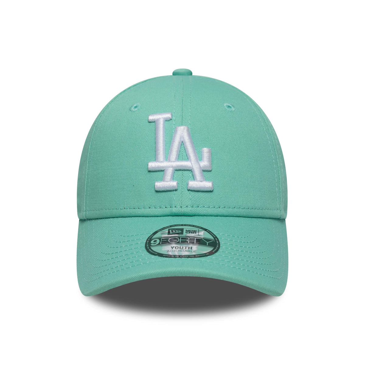 LA Dodgers Youth MLB League Essential Pastel Green New Era 9FORTY Cap, front view showing raised white embroidered LA logo on structured pastel green crown and matching curved visor with 9FORTY size sticker at the centre.