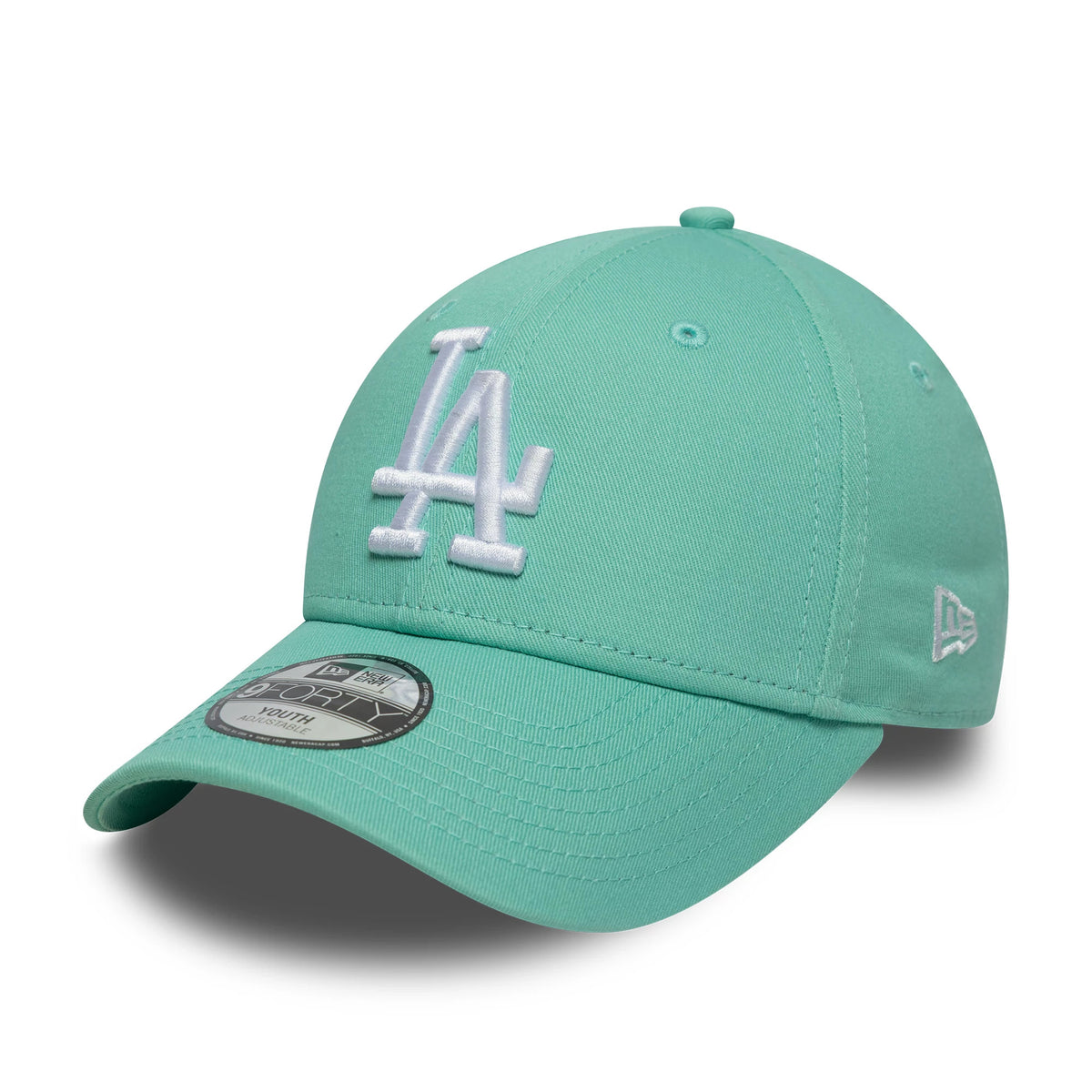 LA Dodgers Youth MLB League Essential Pastel Green New Era 9FORTY Cap, three-quarter view showing the white embroidered LA logo on the front panel, curved visor with a 9FORTY size sticker, and a matching New Era flag logo on the left side.