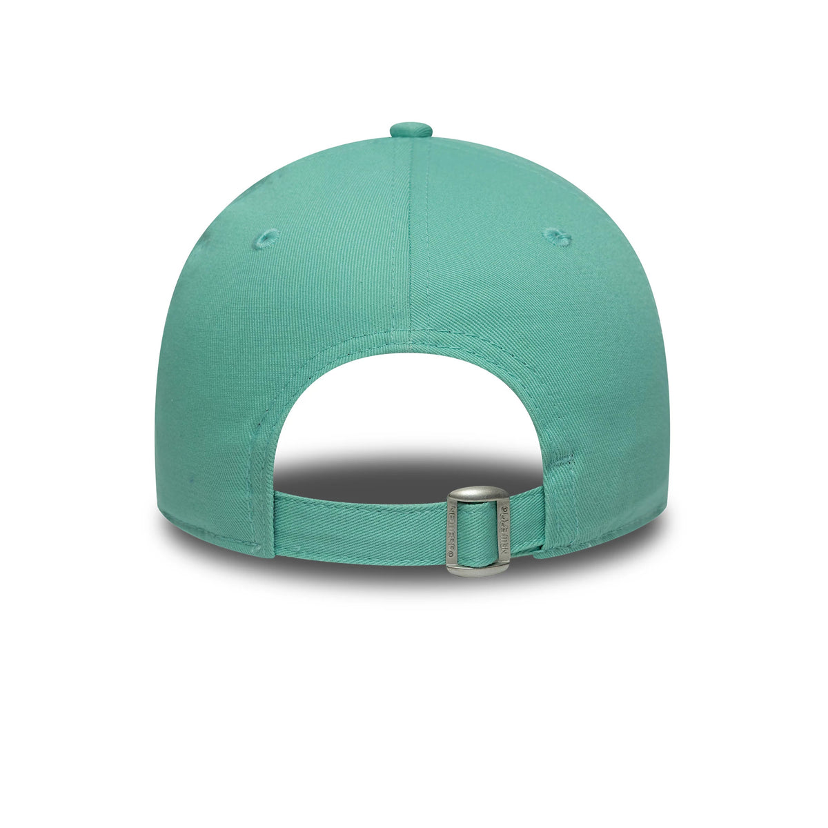 LA Dodgers Youth MLB League Essential Pastel Green New Era 9FORTY Cap, rear view featuring a pastel green adjustable strap with a silver buckle, showing the curved back of the structured crown with embroidered eyelets.
