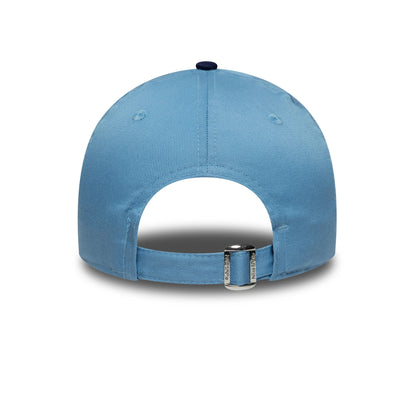 Youth DC Superman Pastel Blue New Era 9FORTY Cap, rear view featuring an open back with adjustable strap fastener, a matching pastel blue top button, and embroidered eyelets on each panel of the structured crown.