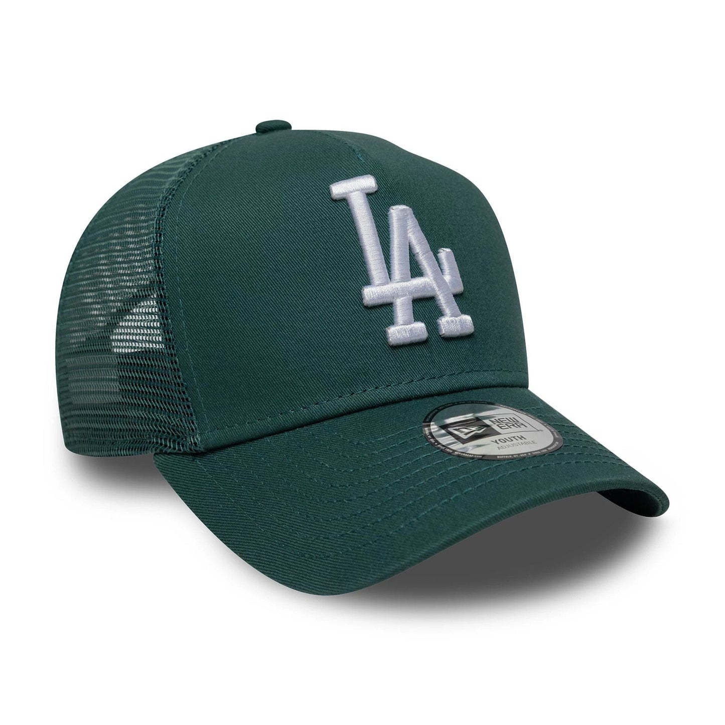Pictured is this Youth MLB League Essential LA Dodgers 9FORTY A-Frame Trucker in dark green. 3