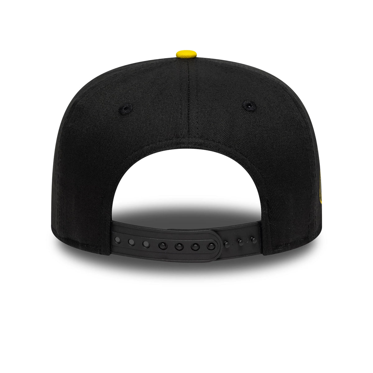 Youth DC Batman Black New Era 9FIFTY Snapback Cap, rear view featuring a yellow top button and adjustable black snap closure, with a structured black crown and matching black eyelets.