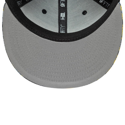 Youth DC Batman Black New Era 9FIFTY Snapback Cap, inside view showing the grey undervisor, black sweatband with repeated 9FIFTY labels, and two black eyelets on the structured interior crown.
