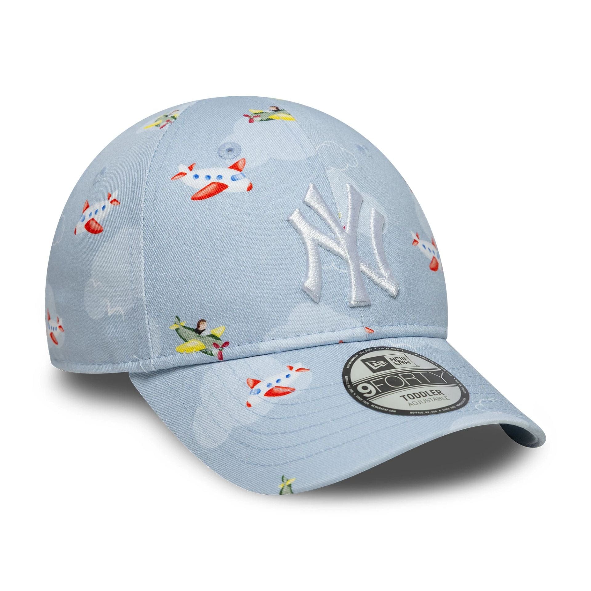 Pictured is this Toddler MLB Plane All Over Print New York Yankees 9FORTY in pastel blue. 3