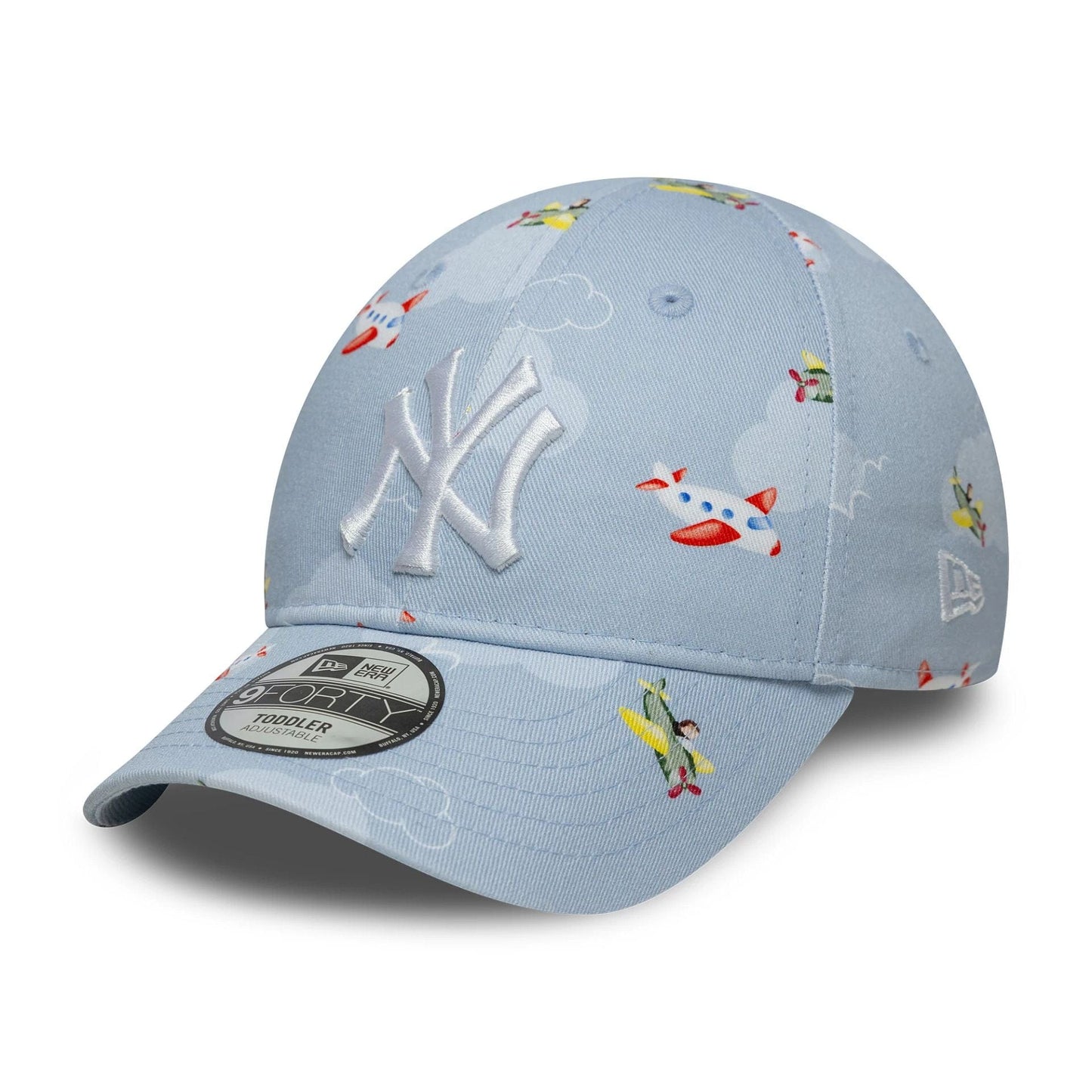 Pictured is this Toddler MLB Plane All Over Print New York Yankees 9FORTY in pastel blue. 1
