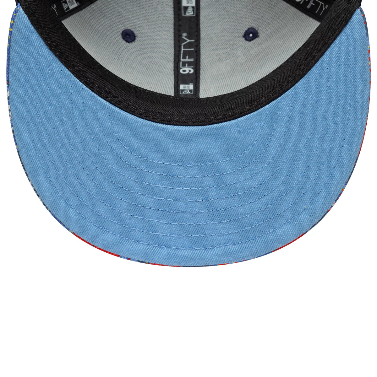 Youth DC Superman Navy New Era 9FIFTY Snapback Cap, inside view showing the light blue undervisor, black sweatband, grey interior panels with black eyelets and New Era 9FIFTY taping along the seams.