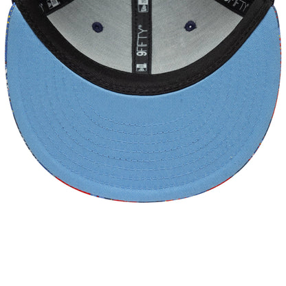 Youth DC Superman Navy New Era 9FIFTY Snapback Cap, inside view showing the light blue undervisor, black sweatband, grey interior panels with black eyelets and New Era 9FIFTY taping along the seams.
