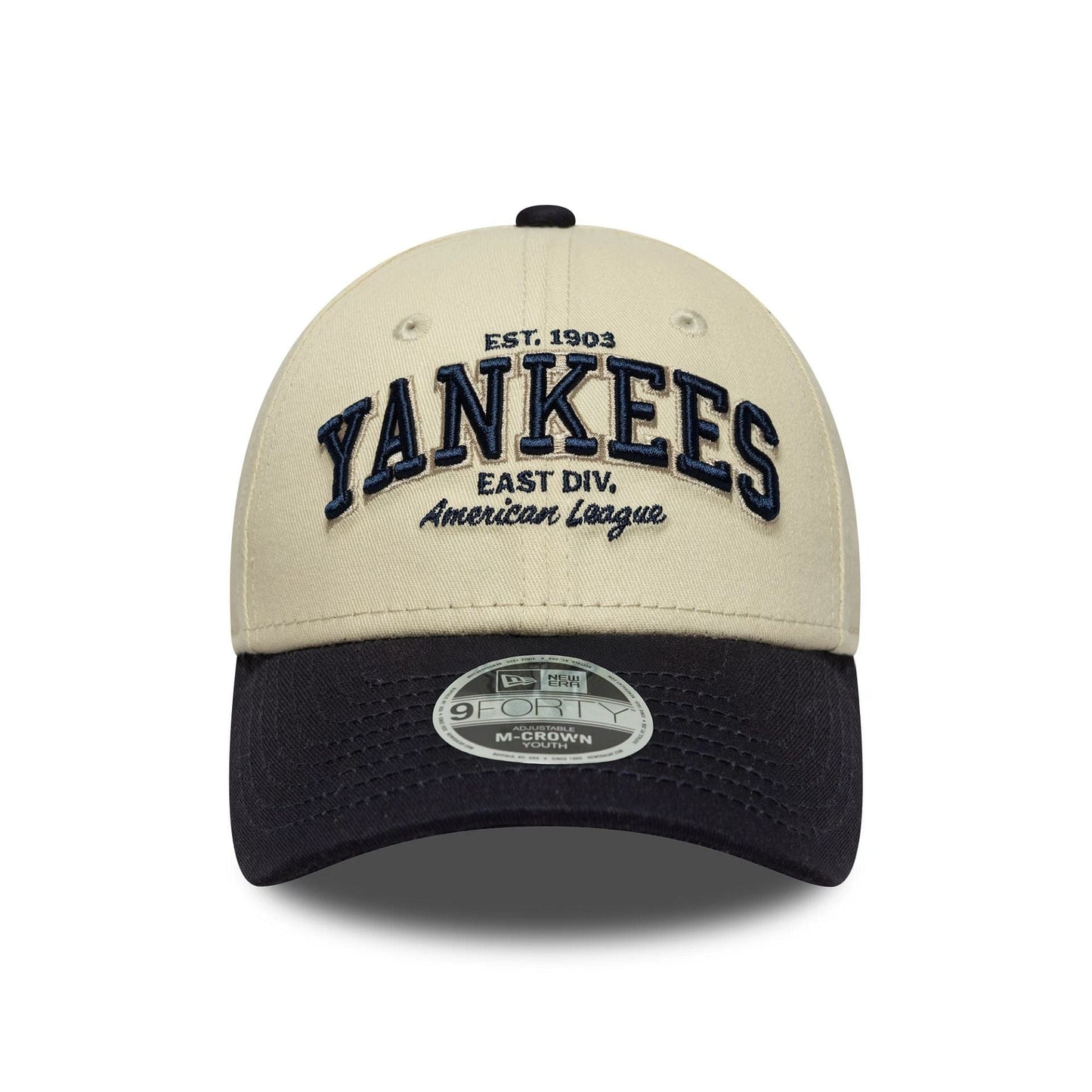 Pictured is this Youth MLB Wordmark New York Yankees 9FORTY M-Crown in light beige. 2