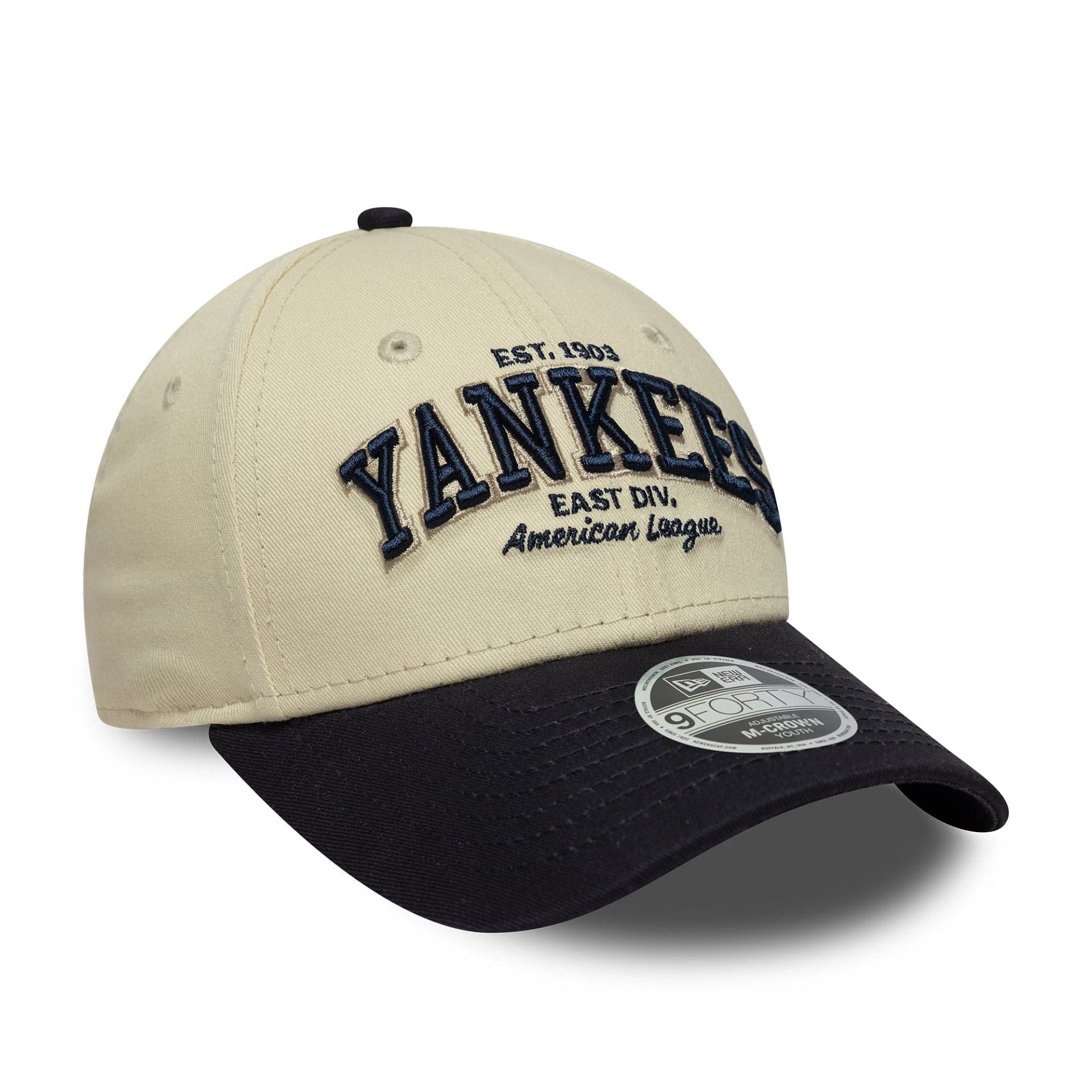 Pictured is this Youth MLB Wordmark New York Yankees 9FORTY M-Crown in light beige. 3