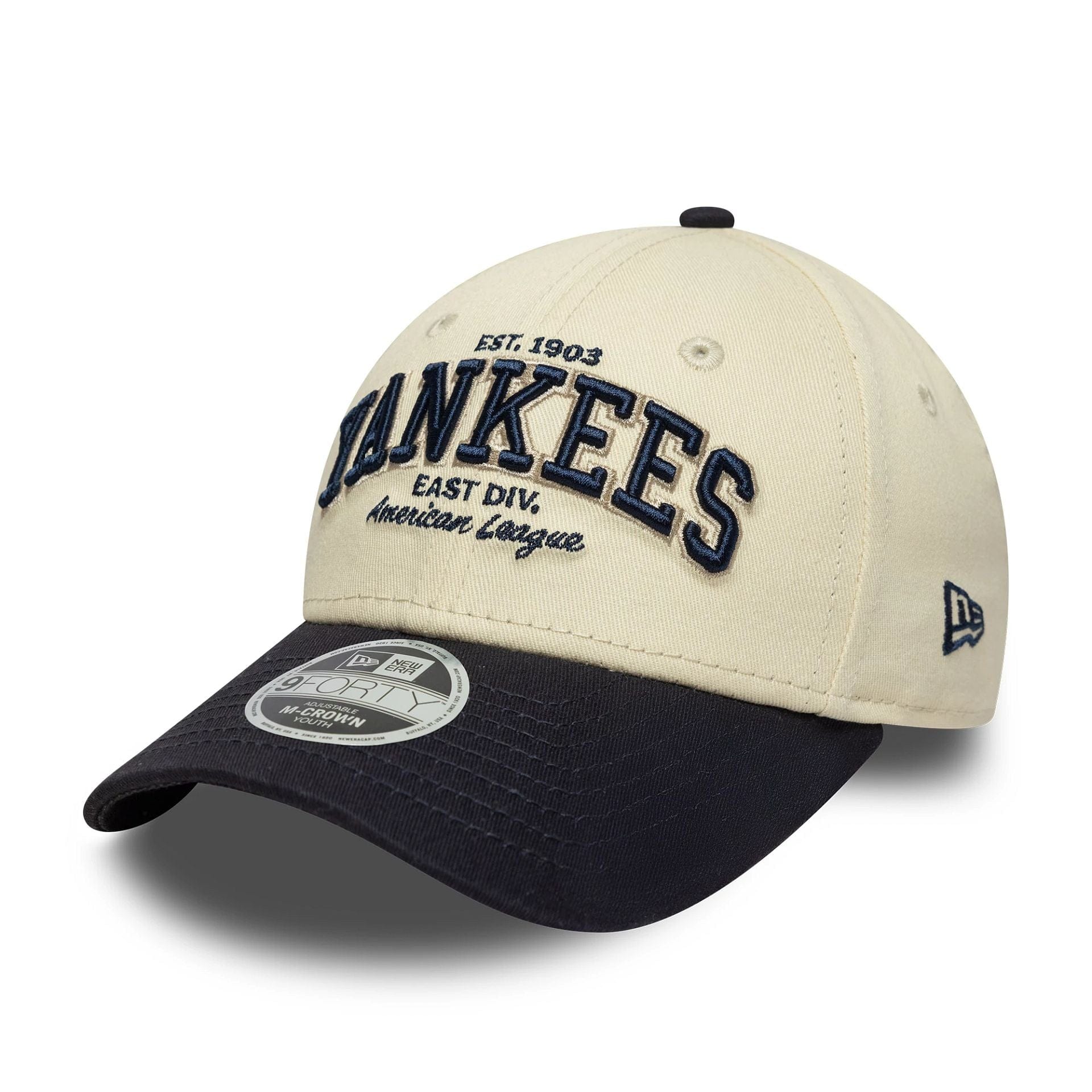 Pictured is this Youth MLB Wordmark New York Yankees 9FORTY M-Crown in light beige. 1