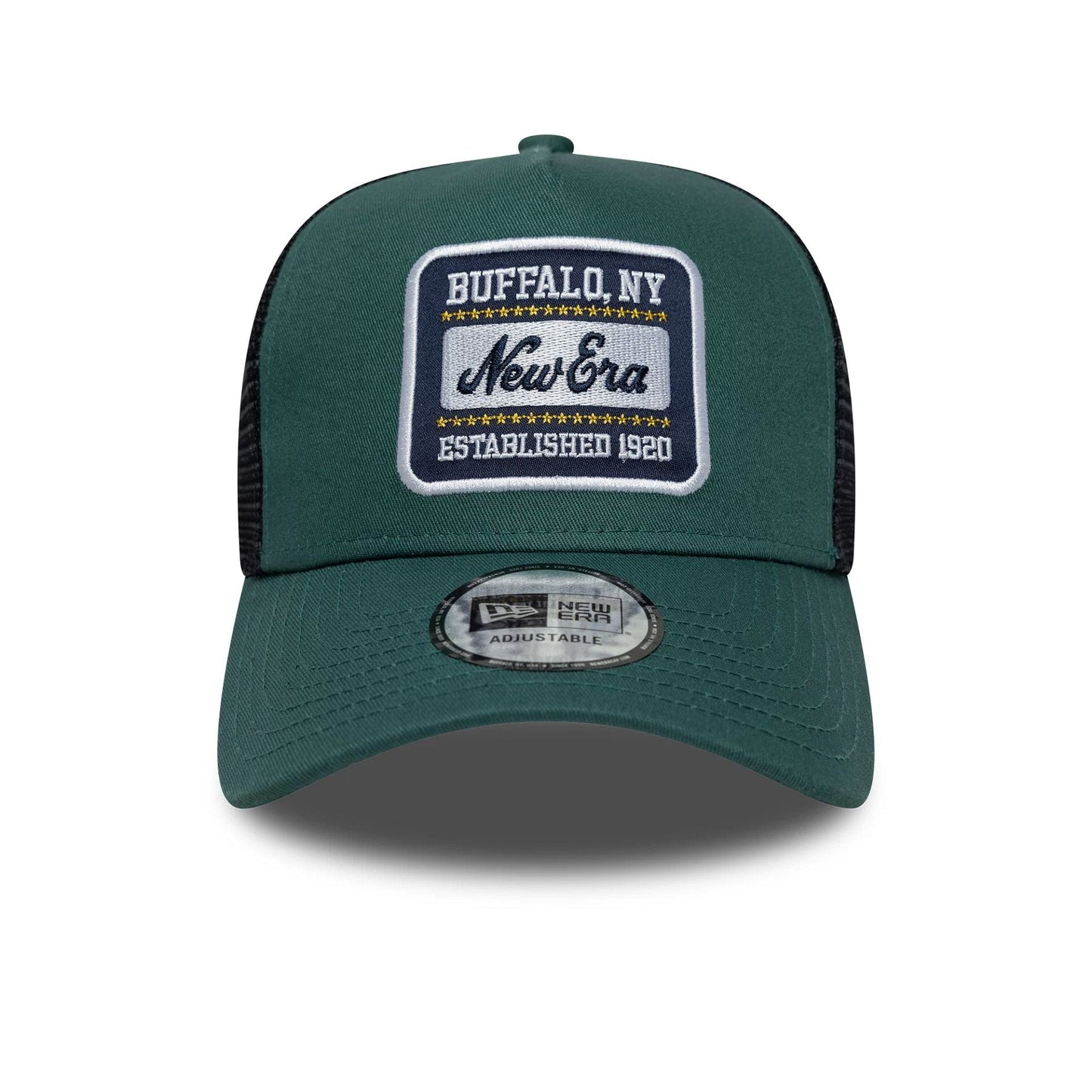 Pictured is this New Era Patch 9FORTY A-Frame Trucker in dark green. 2