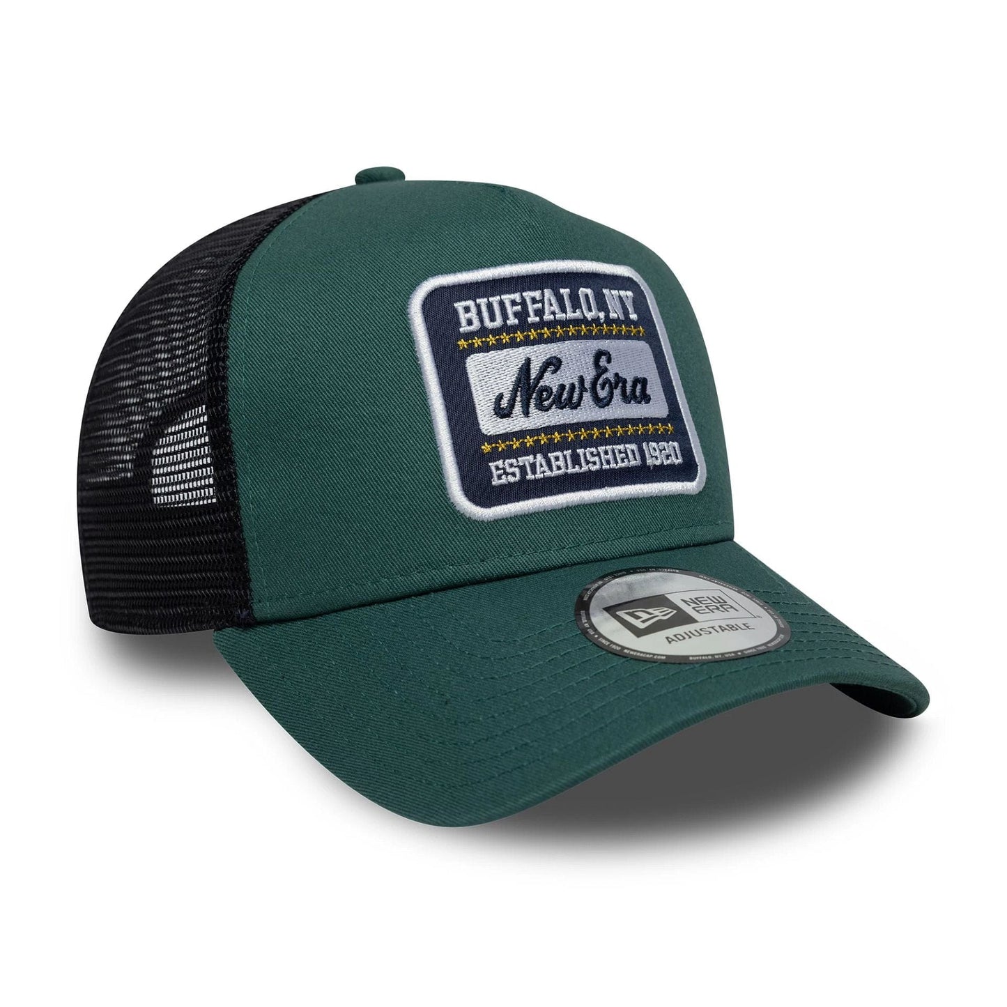 Pictured is this New Era Patch 9FORTY A-Frame Trucker in dark green. 3