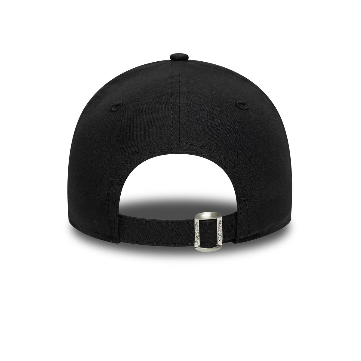 New York Yankees Youth MLB Flawless Black New Era 9FORTY Cap, rear view showing the clean black back panels, small eyelets, and an adjustable strap with a buckle, lacking any logo.