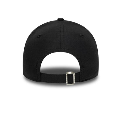 New York Yankees Youth MLB Flawless Black New Era 9FORTY Cap, rear view showing the clean black back panels, small eyelets, and an adjustable strap with a buckle, lacking any logo.