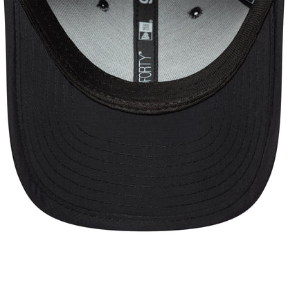 New Era Sport Black 9FORTY M-Crown Cap, inside view showing the black sweatband, grey undervisor, and the inner taping with the New Era and 9FORTY logos, plus the detailed stitching on the black visor.