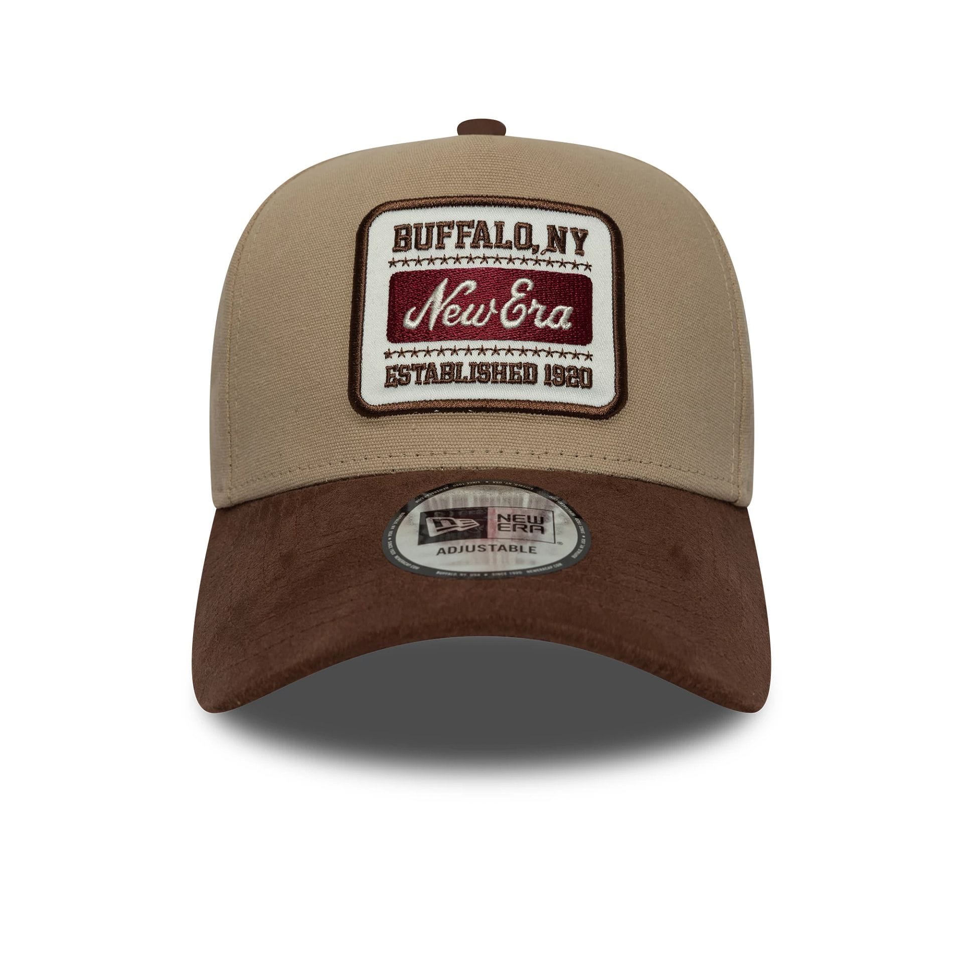 Pictured is this New Era Patch Suede 9FORTY E-Frame in light beige. 2