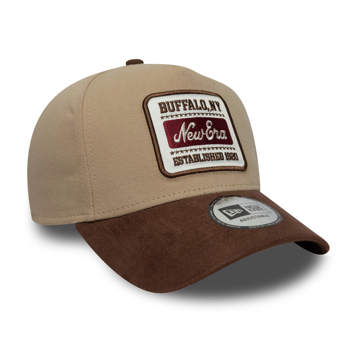 Pictured is this New Era Patch Suede 9FORTY E-Frame in light beige. 3