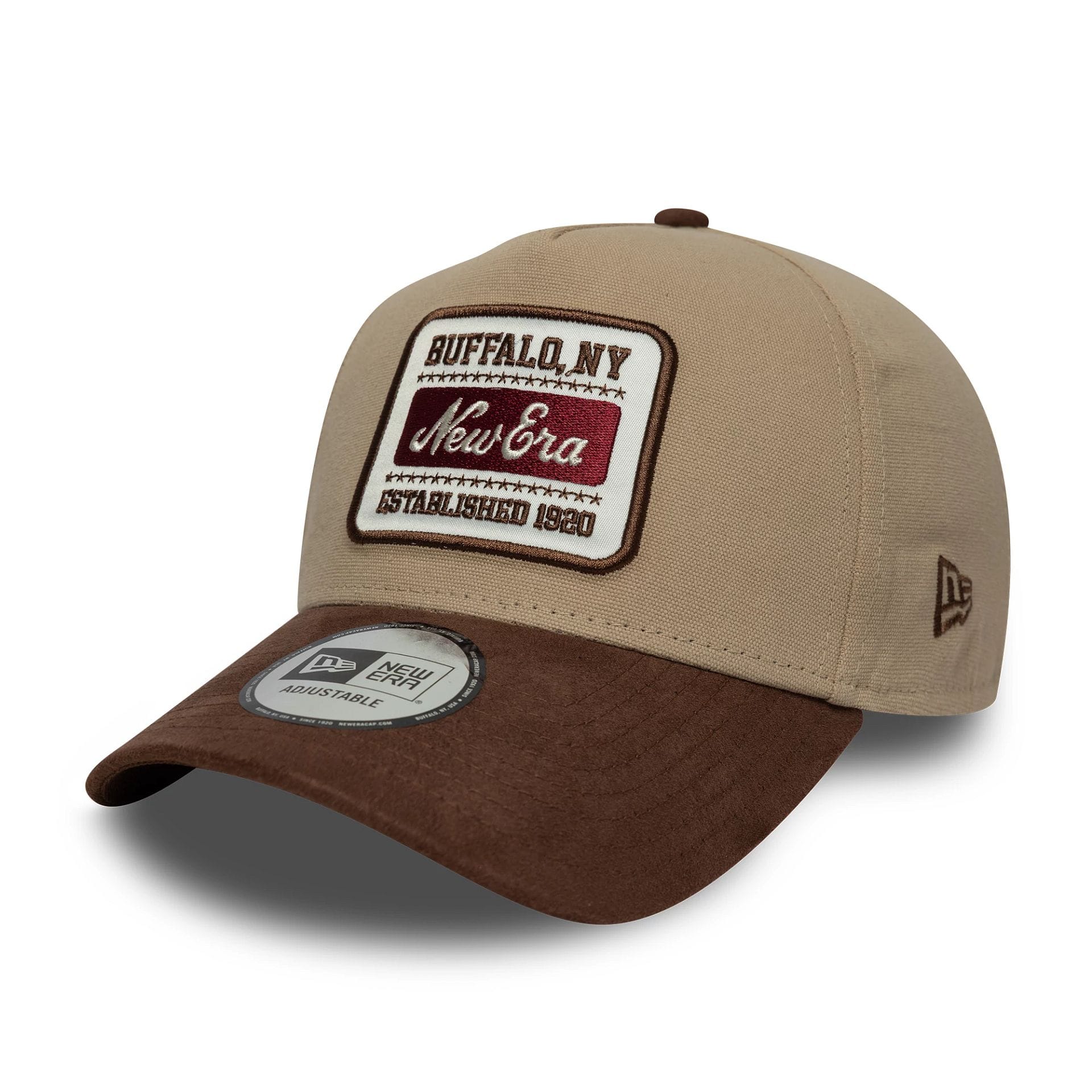 Pictured is this New Era Patch Suede 9FORTY E-Frame in light beige. 1