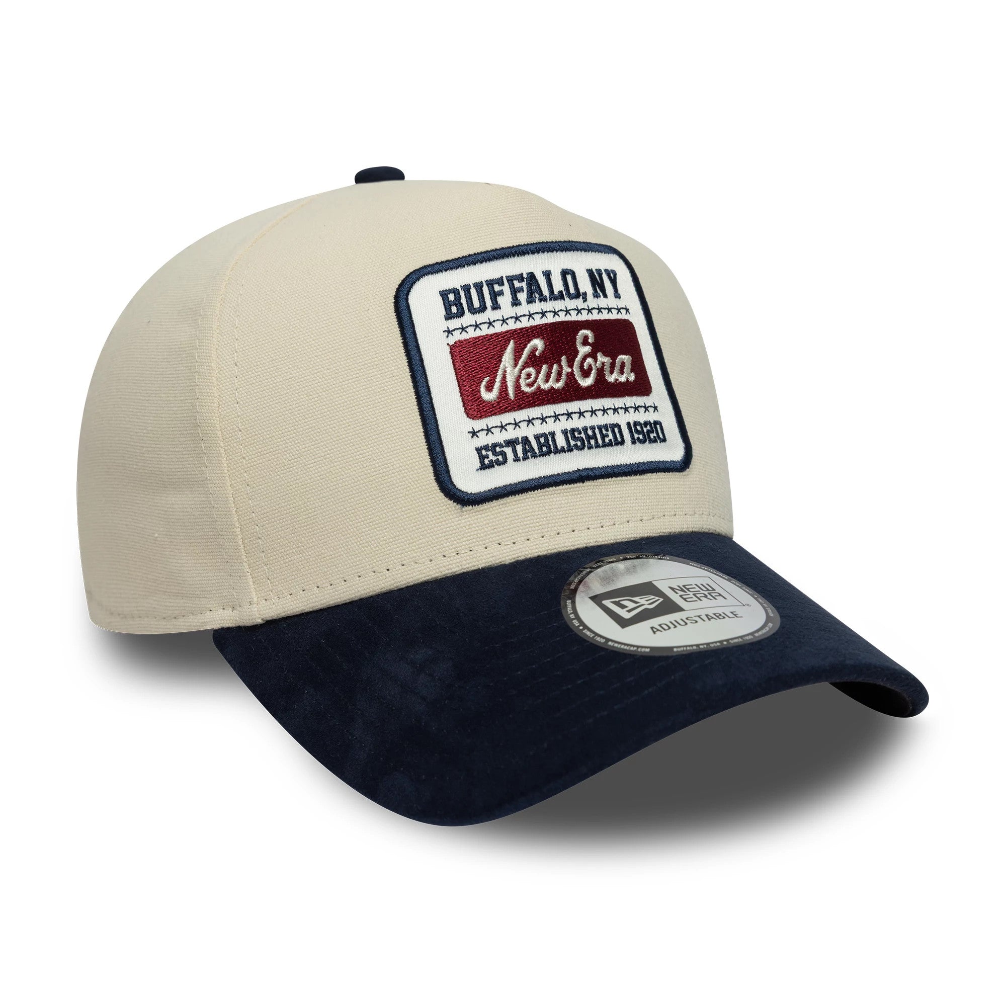 Pictured is this New Era Patch Suede 9FORTY E-Frame in cream & navy. 3