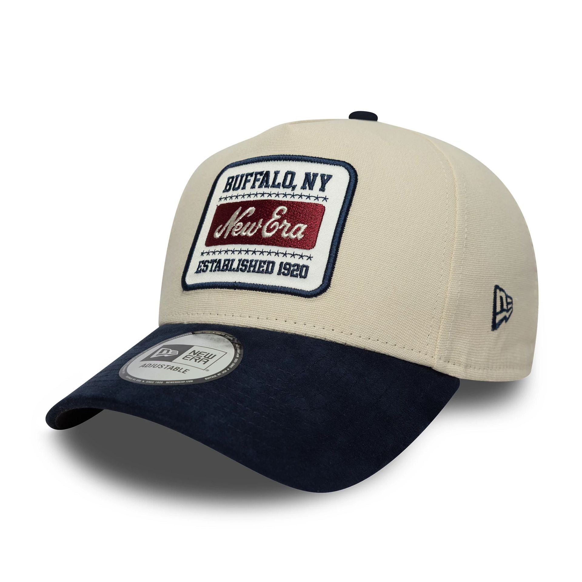 Pictured is this New Era Patch Suede 9FORTY E-Frame in Cream. 1