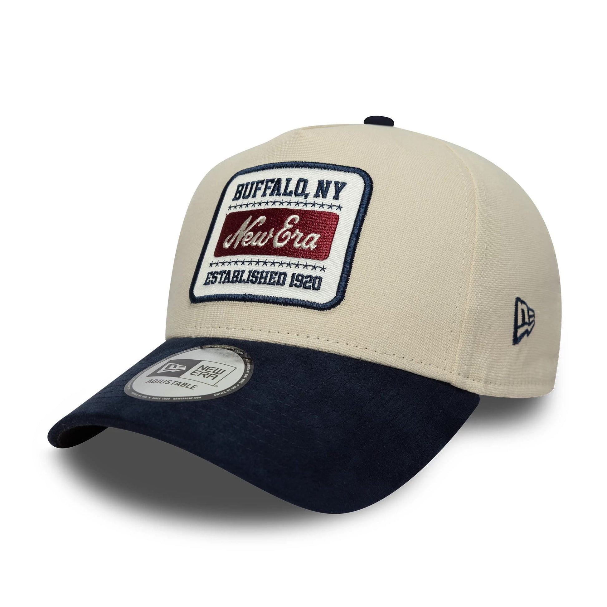 Pictured is this New Era Patch Suede 9FORTY E-Frame in cream & navy. 1