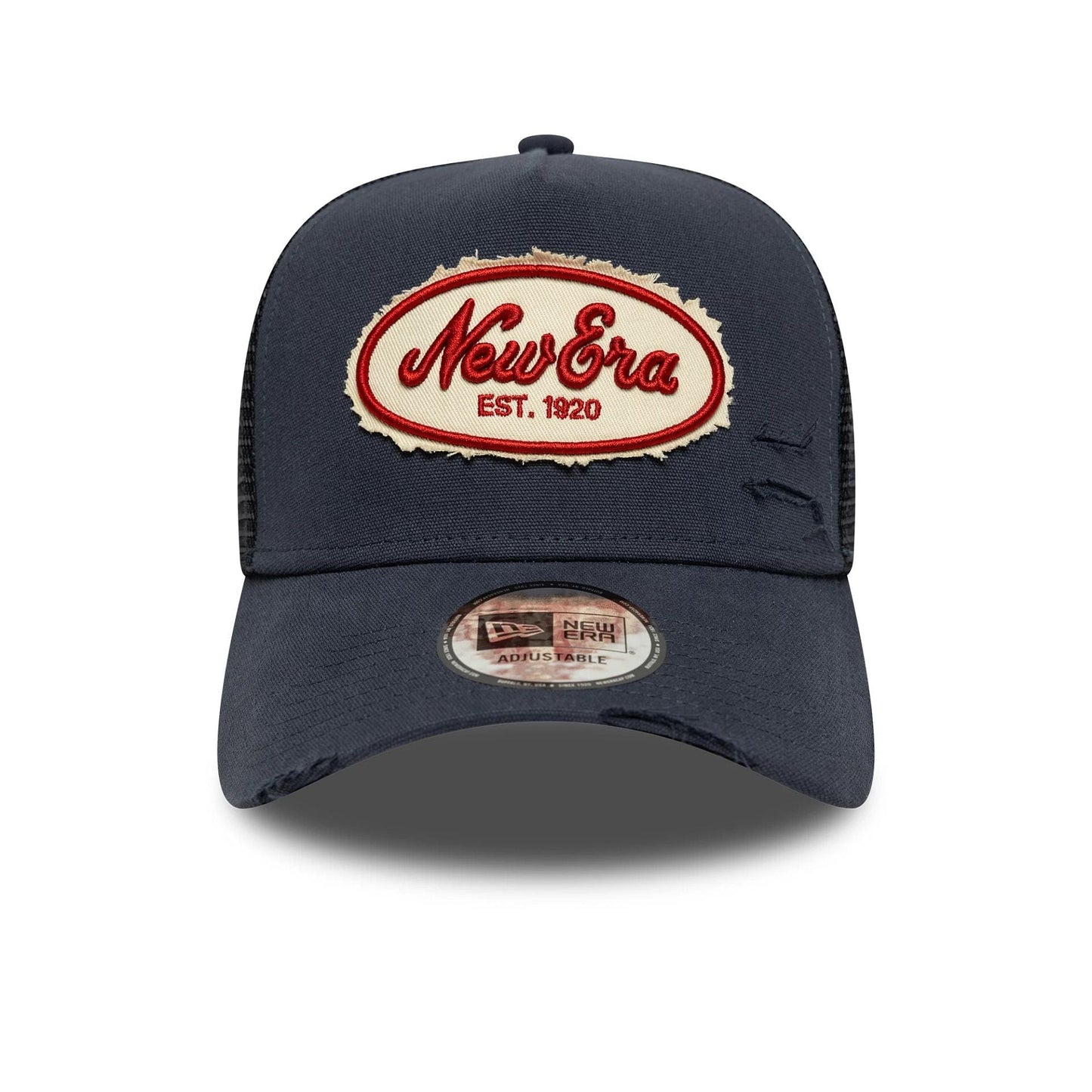 Pictured is this New Era Canvas Distressed 9FORTY A-Frame Trucker in navy. 2