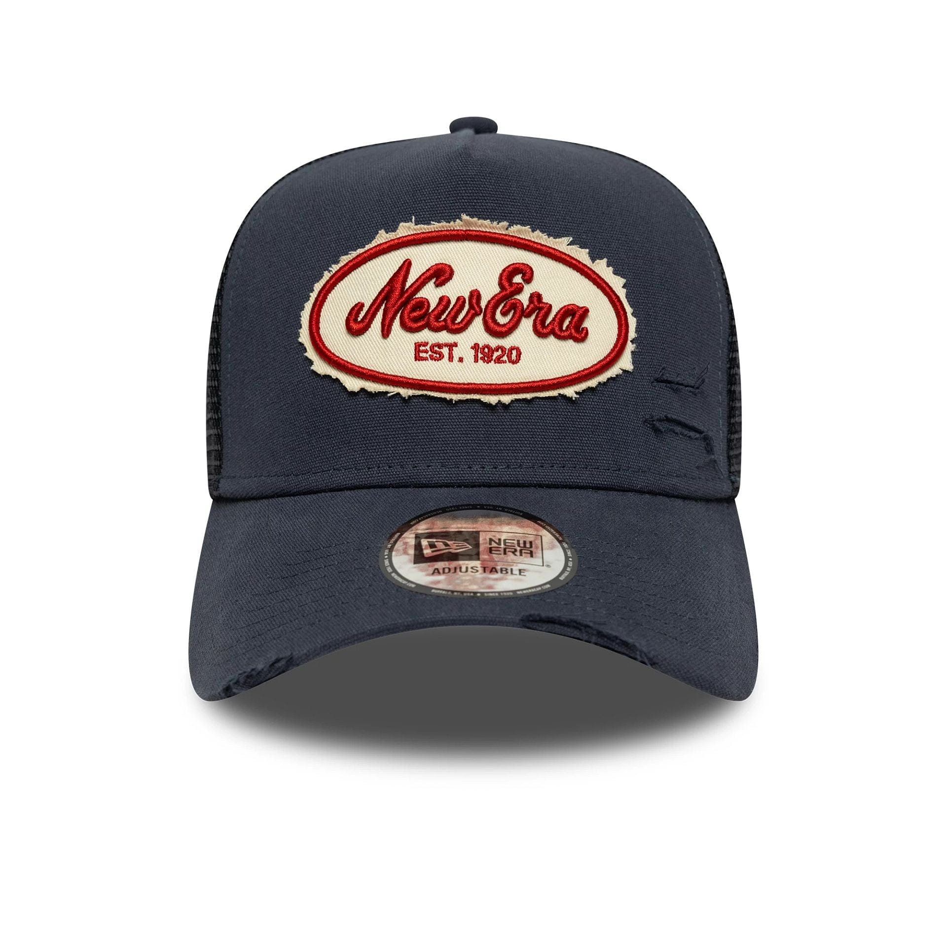 Pictured is this New Era Canvas Distressed 9FORTY A-Frame Trucker in navy. 2