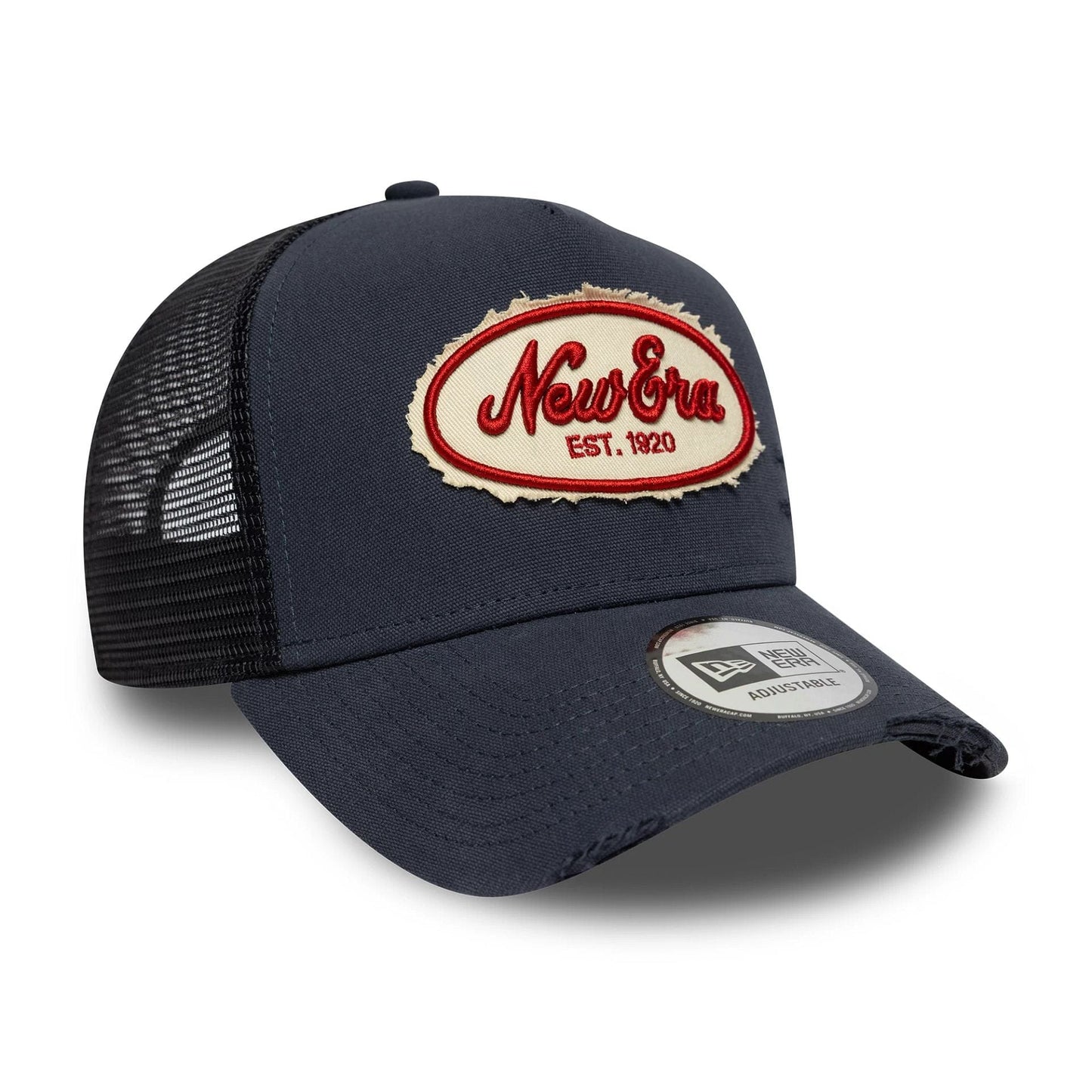 Pictured is this New Era Canvas Distressed 9FORTY A-Frame Trucker in navy. 3