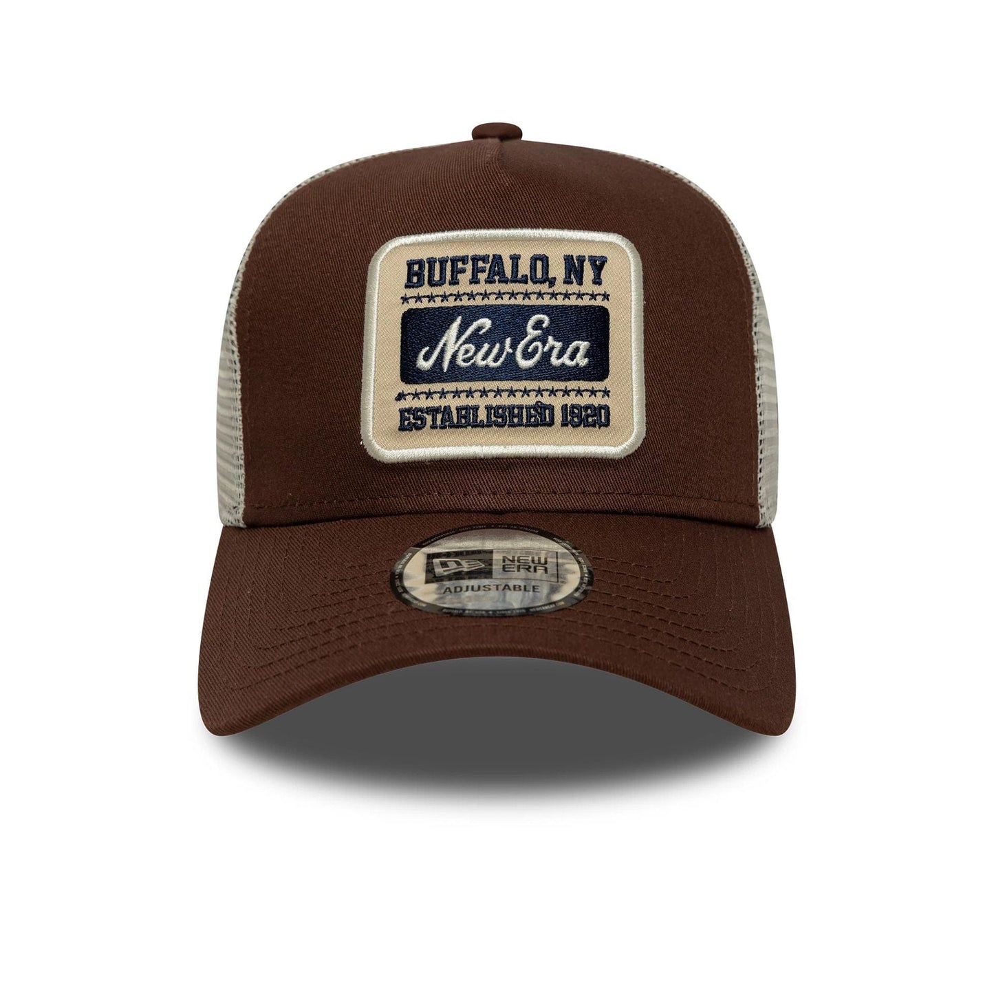 Pictured is this New Era Patch 9FORTY A-Frame Trucker in brown. 2
