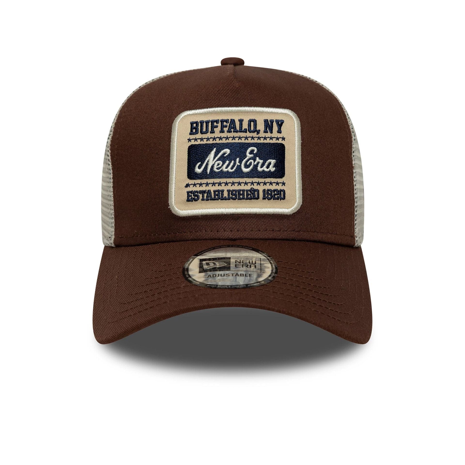 Pictured is this New Era Patch 9FORTY A-Frame Trucker in brown. 2