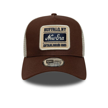 Pictured is this New Era Patch 9FORTY A-Frame Trucker in brown. 2