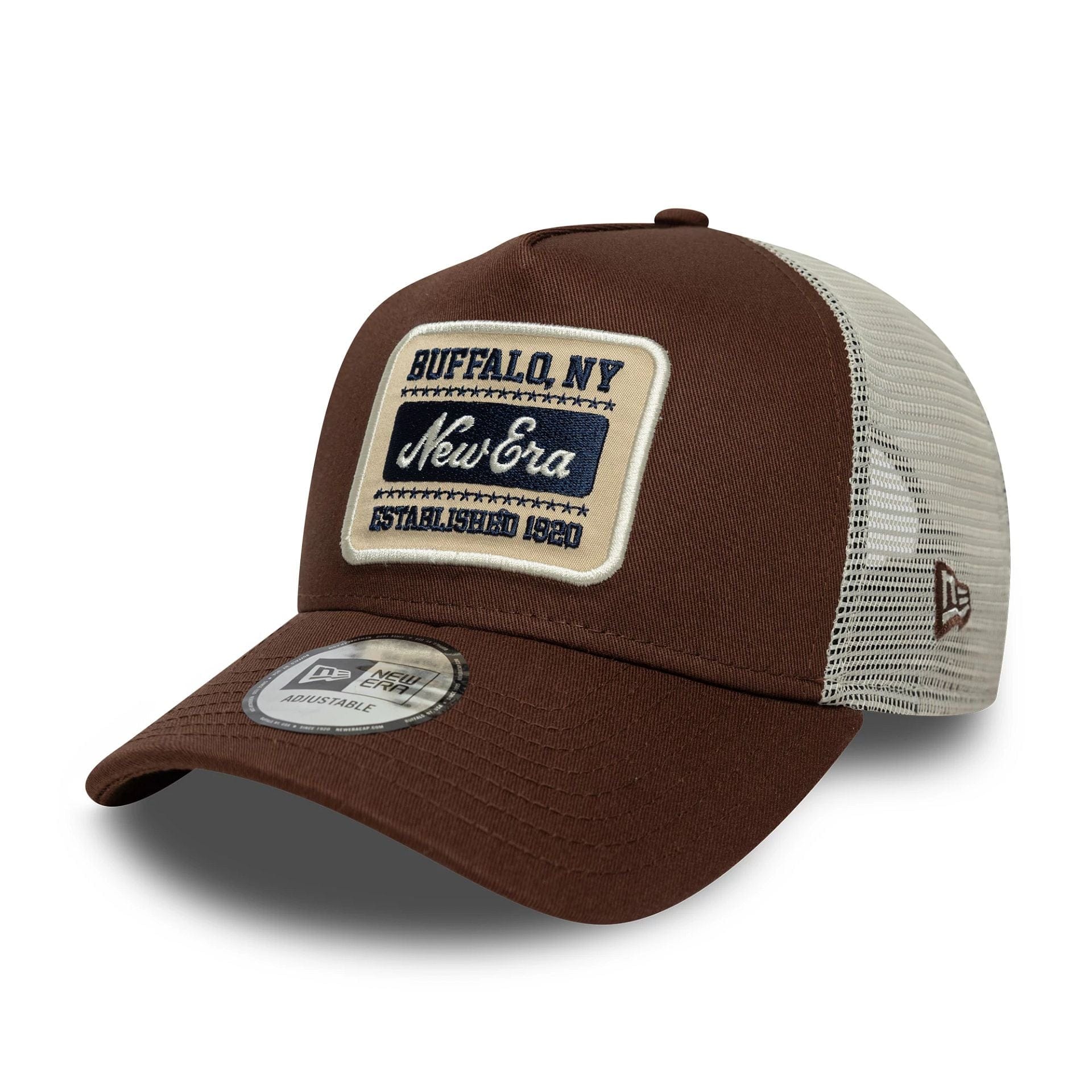 Pictured is this New Era Patch 9FORTY A-Frame Trucker in brown. 1
