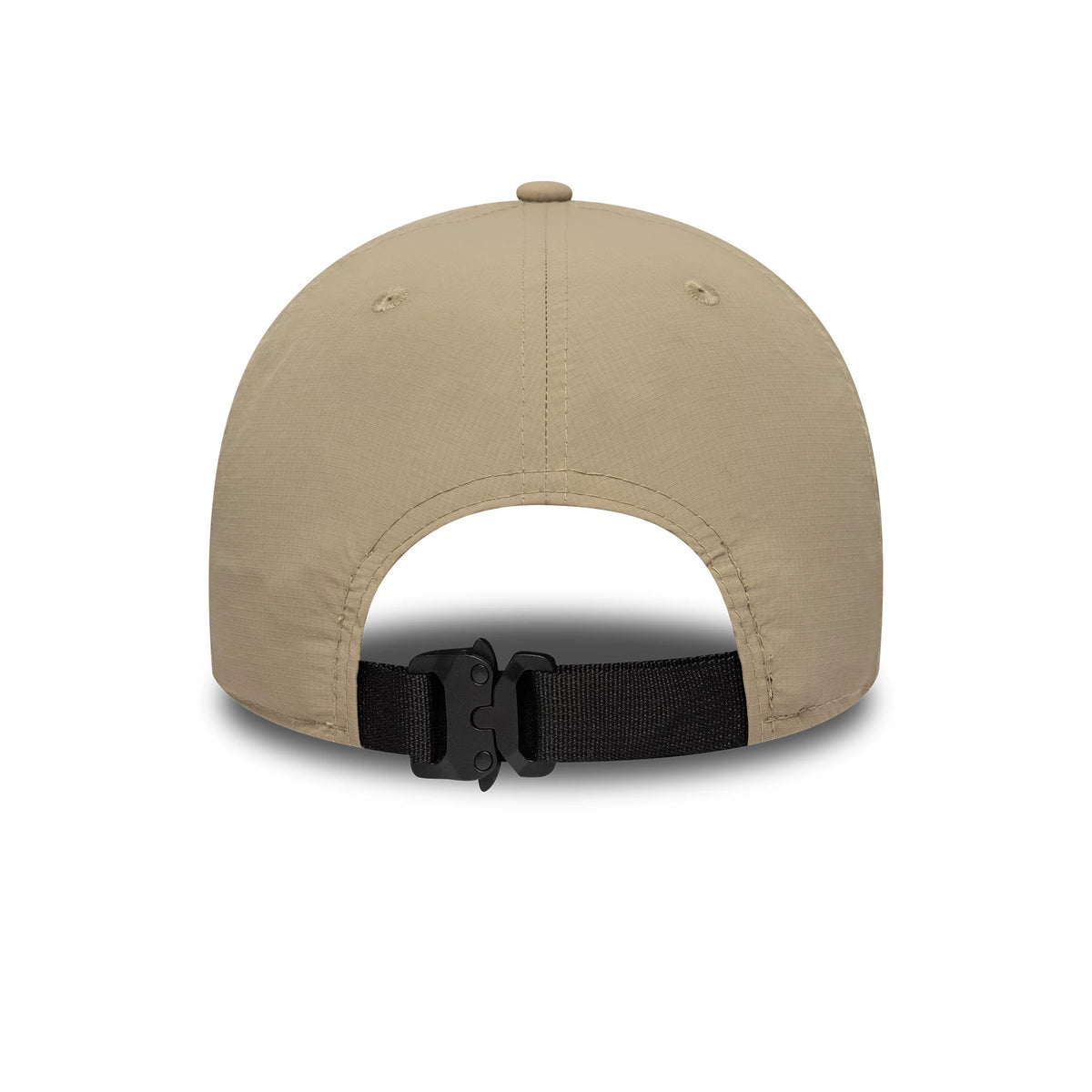 New Era Sport Light Beige 9FORTY M-Crown Cap, rear view showing a structured light beige crown with beige eyelets, a matching top button, and a black adjustable strap with a plastic buckle at the back.