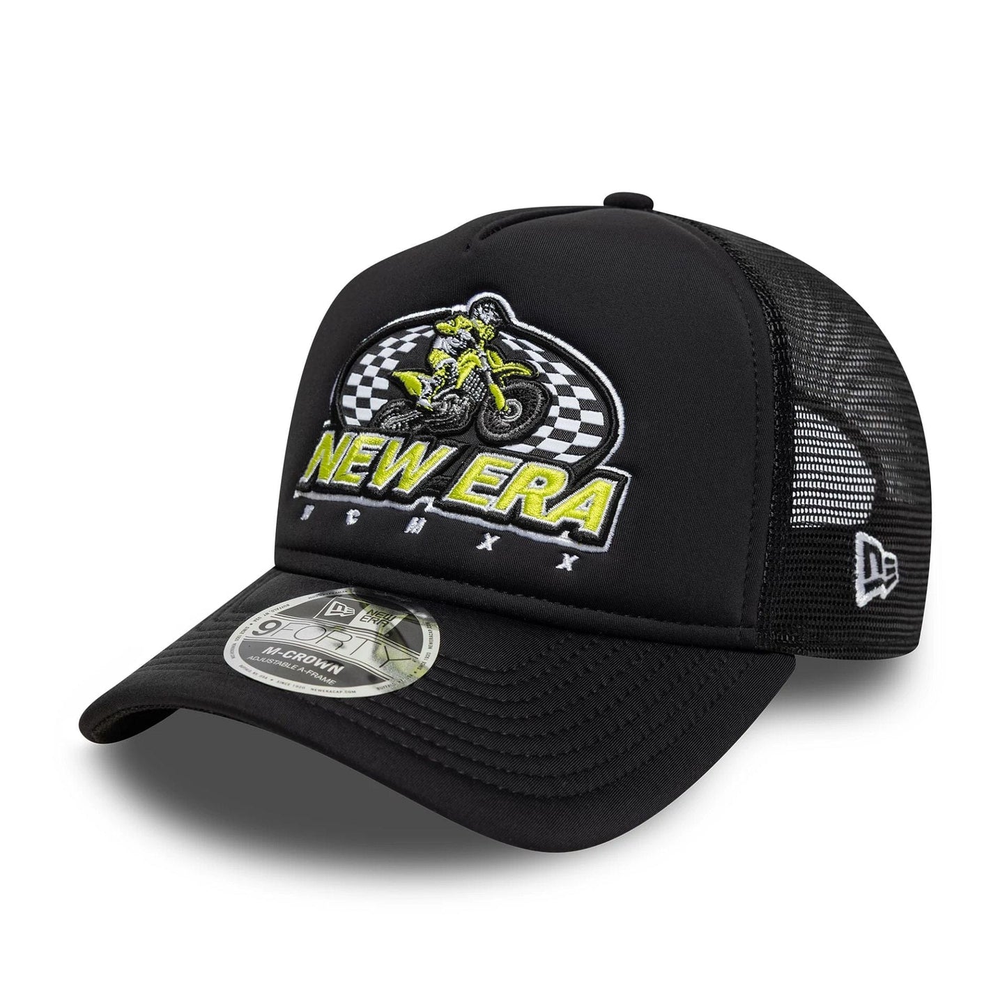 Pictured is this New Era Graphic 9FORTY M-Crown A-Frame Trucker in black. 1