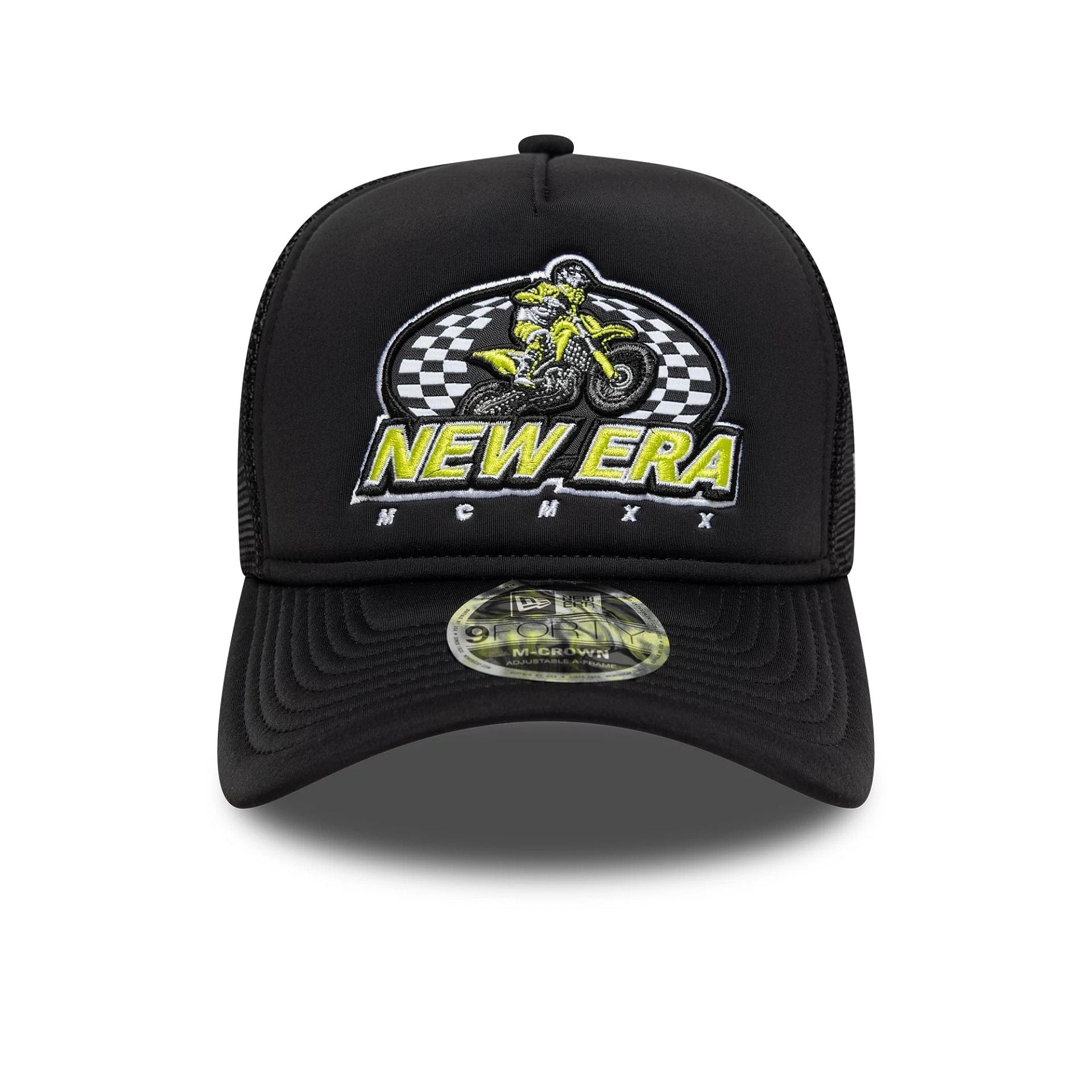 Pictured is this New Era Graphic 9FORTY M-Crown A-Frame Trucker in black. 2