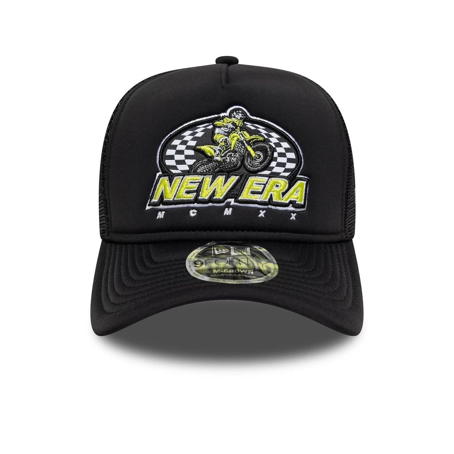 Pictured is this New Era Graphic 9FORTY M-Crown A-Frame Trucker in black. 2